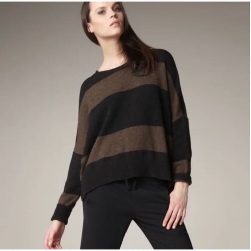 Vince Women's Wool Yak Hair Brown Black Striped Knit Sweater Elbow Patch Size S